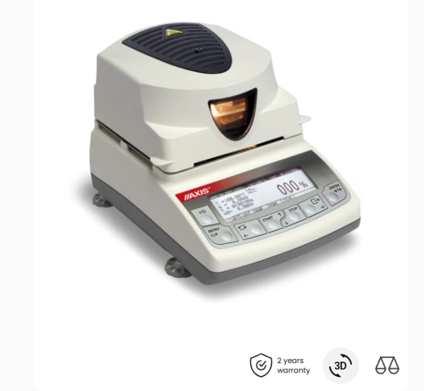 Moisture analyzers of ATS series are used for quick and precise determination of material humidity upon the basis of weight loss during drying of its small sample (thermo-gravimetrical method). Halogen radiators ensure efective sample drying. ATS functioning is based on laboratory scale mechanism.Time, temperature and drying profile (course) can be adapted to examinated material features. To simplify drying parameters choice, initial drying can be done with graph result.The RS232C connection permits to connect a printer or a computer in order to print receipts, raports or further processing weighing results. The printed raports enable fulfilment of GLP recommendation.Special functions:- 4 drying profiles: standard, slow, step and fast- 20 drying settings memory