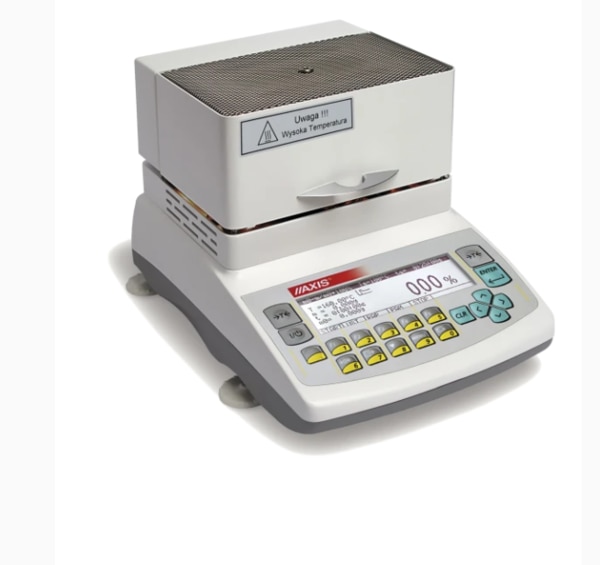 Moisture analyzers of AGS series are used for quick and precise determination of material humidity upon the basis of weight loss during drying of its small sample (thermo-gravimetrical method). The RS232C connection (in standard) permits to connect a printer or a computer in order to print receipts, raports or further processing weighing results. The printed raports enable fulfilment of GLP recommendation. We offer a computer program PROMAS to cooperate with moisture analyzer.