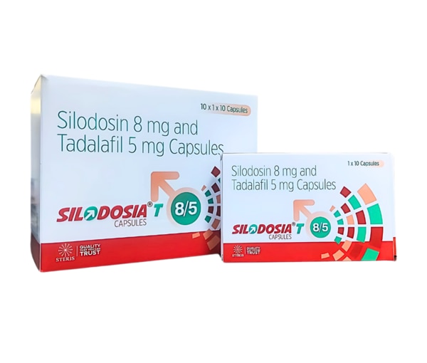 SILODOSIA T 8/5 is a powerful combination medication designed for the effective management of Benign Prostatic Hyperplasia (BPH) and associated urinary symptoms in men. By combining Silodosin (8 mg), a selective alpha-1 blocker, with Tadalafil (5 mg), a phosphodiesterase type 5 inhibitor, this dual-therapy tablet improves urinary flow and relieves symptoms such as frequent urination, incomplete bladder emptying, and urgency. It also provides added benefits for patients with concurrent erectile dysfunction (ED), offering a holistic approach to men's urological and sexual health.Key IngredientsSilodosin 8 mgAn alpha-1 adrenergic receptor antagonist that helps relax the muscles in the prostate and bladder neck, easing the flow of urine.Tadalafil 5 mgA PDE5 inhibitor that enhances blood flow to the pelvic region and is primarily used to treat erectile dysfunction. It also helps reduce urinary symptoms in men with BPH.Key BenefitsProvides rapid relief from lower urinary tract symptoms (LUTS) associated with BPHImproves urine flow by relaxing smooth muscles in the prostate and bladder neckReduces the need for frequent nighttime urination (nocturia)Enhances sexual function in men with coexisting erectile dysfunctionImproves quality of life and confidence by addressing both urological and sexual issuesOnce-daily dosing for convenience and better complianceHow Does It Work?Silodosin works by selectively blocking alpha-1 adrenergic receptors in the smooth muscles of the prostate and bladder neck. This causes the muscles to relax, allowing urine to pass more easily and reducing symptoms like urgency, frequency, and weak stream.Tadalafil inhibits the PDE5 enzyme, increasing levels of cyclic GMP, which leads to relaxation of smooth muscles and improved blood flow. In the prostate and bladder, this relaxation helps relieve BPH symptoms, while also enhancing erectile function in men.Together, these ingredients provide a synergistic effect that improves both urinary and sexual health outcomes.Directions for UseTake one tablet once daily, preferably at the same time each daySwallow the tablet whole with a glass of waterCan be taken with or without foodDo not crush or chew the tabletFollow your physician’s advice regarding the duration of therapyDo not exceed the recommended doseSide EffectsDizziness or light-headedness, especially when rising from a sitting or lying positionHeadacheBack pain or muscle achesNasal congestionDiarrhea or digestive discomfortEjaculation disorders (e.g., retrograde ejaculation)Flushing or warmth in the faceRarely, priapism (prolonged erection) may occur—seek immediate medical attention if this happensVisual disturbances or blurred vision (in rare cases)If you experience any severe or persistent side effects, consult your doctor immediately.