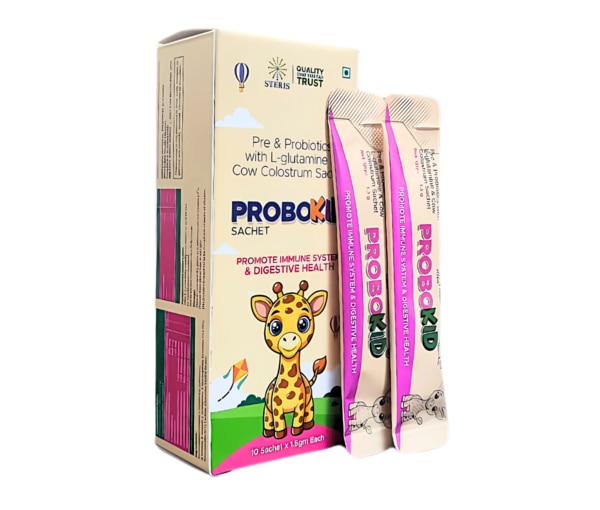 PROBOKIDS is a thoughtfully formulated sachet designed to support children’s digestive health, immunity, and overall growth. This unique blend combines the power of prebiotics, probiotics, L-glutamine, and cow colostrum, all of which work synergistically to promote gut balance, strengthen the immune system, and aid in the healthy development of growing children. Ideal for children with irregular bowel movements, weak immunity, or those recovering from illness, PROBOKIDS delivers a balanced nutritional boost in an easy-to-administer form.Key IngredientsPrebioticsSupport the growth of healthy bacteria in the gut, enhancing the effectiveness of probiotics.ProbioticsLive beneficial bacteria that help restore and maintain the natural balance of intestinal flora.L-GlutamineAn amino acid that plays a crucial role in maintaining the integrity of the intestinal lining and supporting immune function.Cow ColostrumRich in immunoglobulins, growth factors, and antibodies that help in boosting natural immunity and enhancing nutrient absorption.Key BenefitsSupports digestive health and regular bowel movements in childrenEnhances the natural immune defense mechanismAids in the repair and maintenance of the intestinal liningPromotes absorption of essential nutrients for healthy growthHelps reduce the risk of gastrointestinal infections and diarrheaProvides a rich source of proteins and immune-boosting factorsHow Does It Work?PROBOKIDS works by combining the synergistic benefits of its ingredients to improve gut health and immunity. Prebiotics act as food for probiotics, helping beneficial bacteria grow and thrive in the digestive tract. These good bacteria aid in digestion, reduce harmful pathogens, and maintain a balanced gut microbiota. L-glutamine supports the intestinal wall, preventing leaky gut and promoting healing, while cow colostrum provides a natural source of antibodies that protect against infections and enhance immune function. Together, these ingredients help build a stronger, healthier foundation for growing children.Directions for UseEmpty one sachet into a glass of water, milk, or juiceStir well until fully dissolvedAdminister once or twice daily, or as directed by a pediatricianBest taken after meals for optimal absorptionSide EffectsPROBOKIDS is generally well-tolerated when used as directed. However, some children may experience:Mild bloating or gas during initial useAllergic reactions in children sensitive to dairy or bovine proteinsLoose stools in some cases, which typically subside with continued useParents are advised to consult a pediatrician before beginning any new supplement, especially if their child has known allergies or underlying medical conditions.