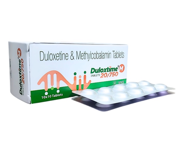 DULOXTIME M 20/750 is a powerful combination medication used primarily in the management of neuropathic pain, fibromyalgia, diabetic nerve pain, and certain mood-related conditions. With a dual-action formula combining Duloxetine and Methylcobalamin, this medicine helps in managing nerve-related discomfort while also supporting nerve regeneration and mental well-being. It is often prescribed in chronic conditions where nerve pain and vitamin B12 deficiency coexist.Key IngredientsDuloxetine 20mgDuloxetine is a serotonin-norepinephrine reuptake inhibitor (SNRI) that works on the central nervous system to relieve pain and improve mood. It is widely used for treating anxiety, depression, and chronic pain syndromes, especially those linked to nerve damage.Methylcobalamin 750mcgMethylcobalamin is an active form of Vitamin B12, essential for nerve health and red blood cell formation. It plays a vital role in regenerating damaged nerves and reducing symptoms like tingling, numbness, and weakness in patients with neuropathy.Key BenefitsProvides effective relief from neuropathic pain and nerve inflammationEnhances nerve regeneration and improves nerve functionSupports mental well-being by treating mood disorders like depression and anxietyCorrects Vitamin B12 deficiency, which is common in patients with nerve-related issuesHelps manage chronic conditions like diabetic neuropathy and fibromyalgiaMay improve sleep quality and reduce fatigue associated with nerve painHow Does It Work?Duloxetine functions by increasing the levels of serotonin and norepinephrine in the brain. These neurotransmitters play a key role in pain modulation and emotional stability. By restoring their balance, Duloxetine alleviates both physical pain and associated psychological symptoms.Methylcobalamin, on the other hand, repairs damaged neurons and supports the formation of the protective myelin sheath around nerves. It contributes to the regeneration of nerve cells and improves nerve signal transmission, leading to a significant reduction in nerve pain and discomfort.Together, these two components provide a synergistic effect, addressing both the root cause and the symptoms of neuropathic disorders.Directions for UseTake DULOXTIME M 20/750 exactly as prescribed by your doctorUsually taken once or twice daily with or without foodSwallow the tablet whole with a glass of water; do not crush or chewConsistency is important — take the medicine at the same time every dayDo not abruptly stop taking the medication without medical advice, as it may cause withdrawal symptomsSide EffectsLike all medicines, DULOXTIME M 20/750 may cause some side effects. These are usually mild and temporary, but medical attention may be required if they persist.Nausea or vomitingDry mouthDrowsiness or fatigueDizziness or light-headednessIncreased sweatingConstipationLoss of appetiteHeadacheInsomnia (trouble sleeping)Blurred visionWeight changesMood swings or irritability (in rare cases)Allergic reactions like rash or itching (in very rare cases)If you experience symptoms like severe dizziness, shortness of breath, persistent vomiting, or swelling, seek immediate medical help.