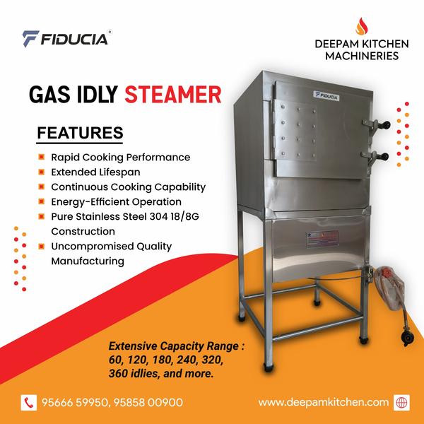 Product Details:Minimum Order Quantity 1 PieceType Idly SteamerUsage/Application CommercialCapacity 60, 120, 180, 240, 320 & 360Material Stainless SteelBrand FiduciaCountry of Origin Made in IndiaDeepam Kitchen Machineries is a manufacturer, exporter and supplier of Fiducia Idly Steamer Steam. We are offering LPG Fired Boiler System as per customer requirements. We can use this for Rice Cooking, Sambar Making Boiling, Vegetable Boiling & Milk Boiling. These products are fabricated using premium quality raw materials sourced from our valued vendors. All the prouducts are ergonomicalluy designed to take on the toughest jobs with optimum performance. Thus saving the running cost on manpower, and electricity and kitchen hygiene.
