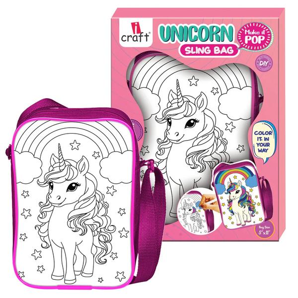 iCraft UNICORN DIY Sling Bag for Kids – Color Your Own Magical Unicorn Bag with 6 Sketch Pens – Craft Kit for Girls Age 6+ – 8“x10” Shoulder Bag.Step into a magical world with the iCraft UNICORN DIY Sling Bag! Let your child’s creativity sparkle as they color this enchanting unicorn-themed bag. Comes with 6 sketch pens and plenty of space for daily carry essentials, making it both a fun art project and a stylish accessory.