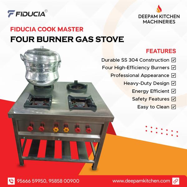 Deepam Kitchen Machineries is a manufacturer, exporter and supplier of SS Four Burner Cooking Range. These products are fabricated using premium quality stainless steel 202 and 304 grade. We can customise the different sizes as per customer requirements.  These products are fabricated using premium quality raw materials sourced from our valued vendors.All the prouducts are ergonomicalluy designed to take on the toughest jobs with optimum performance. 