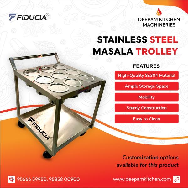 Deepam Kitchen Machineries is a manufacturer, exporter and supplier of SS Masala Trolley. These products are fabricated using premium quality stainless steel 202 and 304 grade. We can customise the different sizes as per customer requirements.  These products are fabricated using premium quality raw materials sourced from our valued vendors.All the prouducts are ergonomicalluy designed to take on the toughest jobs with optimum performance. 