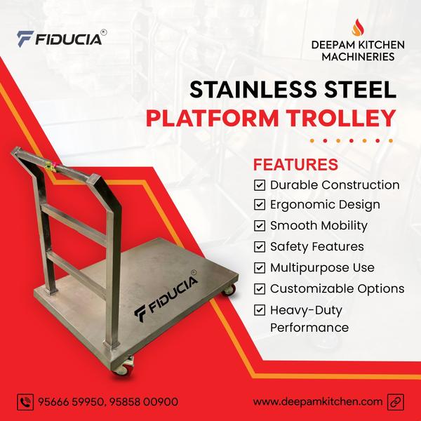 Deepam Kitchen Machineries is a manufacturer, exporter and supplier of SS Platform Trolley. These products are fabricated using premium quality stainless steel 202 and 304 grade. We can customise the different sizes as per customer requirements.  These products are fabricated using premium quality raw materials sourced from our valued vendors.All the prouducts are ergonomicalluy designed to take on the toughest jobs with optimum performance. 