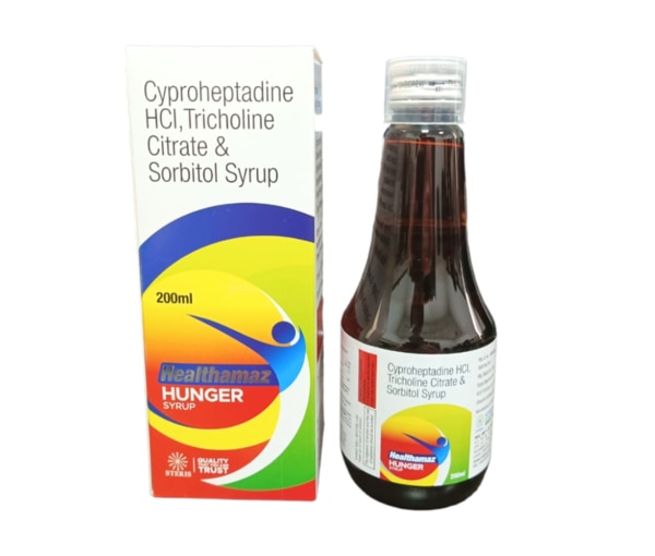 HEALTHAMAZ HUNGER SYRUP Cyproheptadine Hcl (2mg), Tricholine Citrate (275mg) & Sorbitol (2mg)SyrupIntroductionHEALTHAMAZ HUNGER SYRUP is a therapeutic syrup designed to stimulate appetite and aid in nutritional intake. This syrup contains a combination of Cyproheptadine Hcl (2mg), Tricholine Citrate (275mg), and Sorbitol (2mg). It is formulated to help individuals who struggle with poor appetite and need additional support to maintain a healthy nutritional status.CompositionCyproheptadine Hcl (2mg): An antihistamine with appetite-stimulating properties. It works by antagonizing the action of histamine and serotonin in the body, which can increase appetite.Tricholine Citrate (275mg): A bile acid binding agent that aids in liver function and lipid metabolism, contributing to overall digestive health.Sorbitol (2mg): A sugar alcohol that acts as an osmotic laxative, aiding in bowel movements and improving digestive health.Mechanism of ActionCyproheptadine Hcl: Functions by blocking histamine and serotonin receptors, leading to increased appetite and reduced allergic reactions. It is particularly effective in stimulating hunger in individuals with decreased appetite due to medical conditions or treatments.Tricholine Citrate: Helps in the emulsification of fats, enhancing digestion and absorption of dietary fats. It also supports liver function by promoting bile flow and reducing fat accumulation in the liver.Sorbitol: Acts as a gentle laxative by drawing water into the bowel, which helps alleviate constipation and improve overall digestive function.IndicationsHEALTHAMAZ HUNGER SYRUP is indicated for:Stimulating appetite in individuals with decreased hungerSupporting nutritional intake in underweight individualsImproving digestion and liver functionAlleviating mild to moderate constipationDosage and AdministrationAdults: The typical dosage is 10 ml taken two to three times daily before meals.Children: Dosage should be determined by a pediatrician based on age and weight.It is important to follow the prescribed dosage and not exceed the recommended amount.Side EffectsCommon side effects may include:Drowsiness or sedationDizzinessDry mouthMild gastrointestinal disturbances (nausea, diarrhea)Allergic reactions (rash, itching)PrecautionsAllergy: Individuals with a known allergy to any component of the syrup should avoid using it.Pregnancy and Lactation: Consult with a healthcare provider before using this syrup during pregnancy or while breastfeeding.Chronic Conditions: Patients with chronic conditions such as glaucoma, peptic ulcer, or urinary retention should use this medication with caution and under medical supervision.Drug InteractionsCNS Depressants: Concurrent use with other central nervous system depressants (e.g., sedatives, tranquilizers) may enhance sedative effects.MAO Inhibitors: Avoid using with monoamine oxidase inhibitors as it may increase the risk of severe side effects.Antihypertensive Drugs: Can potentiate the effect of antihypertensive medications, leading to enhanced hypotensive effects.ConclusionHEALTHAMAZ HUNGER SYRUP is an effective solution for stimulating appetite and improving nutritional intake. With its combination of Cyproheptadine Hcl, Tricholine Citrate, and Sorbitol, it offers a multifaceted approach to addressing poor appetite and digestive health. It is crucial to use this syrup as directed by a healthcare professional to ensure safety and efficacy. Always consult with a healthcare provider before starting any new medication, especially if there are underlying health conditions or concurrent medication use.For further information: EMAIL: info@sterispharma.com / contact@sterispharma.com CALL/WHATSAPP: 7877551268, 7849827488 Order NOW