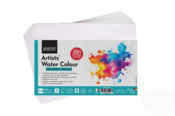 BRUSTRO Artists Watercolour Paper | 300 GSM, A3, 25% Cotton, Cold Pressed | Pack of 12 Sheets | Ideal for Artist, Professional Drawing, Painting Dry & Wet, Fine Art, School, Students, WatercoloR.Premium Watercolour Paper: Made from 25% cotton and 300 GSM weight, ensuring exceptional texture, durability, and absorbencyCold Pressed Finish: The cold-pressed surface enhances paint adhesion, making it ideal for detailed watercolor techniques and mixed media artworkPerfect for Wet & Dry Media: Suitable for watercolor painting, sketching, drawing, ink work, and other fine art mediums with no warping or bleedingPack of 12 Sheets (A3 Size): Convenient A3 size with 12 sheets per pack, offering ample material for large projects, studio use, or classroom settingsAcid-Free & Archival Quality: Ensures longevity and prevents discoloration or deterioration over time, making it perfect for preserving your artworkIdeal for Artists & Students: Whether you're a professional artist or a student, this versatile watercolour paper meets all your artistic needs, from practice to final piecesVersatile Use: Perfect for watercolors, pencil, charcoal, and ink drawing, offering flexibility for various artistic styles and techniques