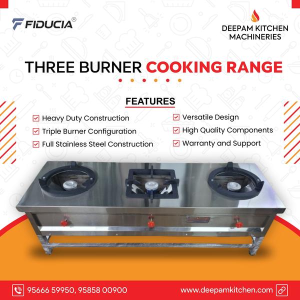 Deepam Kitchen Machineries is a manufacturer, exporter and supplier of SS Three Burner Cooking Range. These products are fabricated using premium quality stainless steel 202 and 304 grade. We can customise the different sizes as per customer requirements.  These products are fabricated using premium quality raw materials sourced from our valued vendors.All the prouducts are ergonomicalluy designed to take on the toughest jobs with optimum performance. 