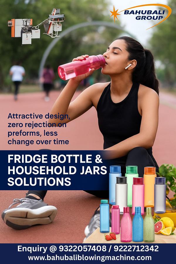 Boost Your Fridge Bottle & Household Jar Production with Bahubali Blowing Machine — India’s Trusted Name in PET Bottle MachineryWhen it comes to manufacturing high-quality fridge bottles and household jars, every business owner dreams of a machine that offers zero rejection, fast production, and eye-catching bottle designs. At Bahubali Group, we understand your needs and have designed the perfect solution — our Automatic PET Bottle Blowing Machine.Manufactured with precision and advanced technology, our machine guarantees zero rejection on preforms, minimal change-over time, and superior product consistency. Whether you’re producing trendy fridge bottles or stylish kitchen jars, our machine ensures every product meets the highest standards of quality.✅ Catchy Designs✅ Faster Production✅ Energy Efficient✅ Easy to Operate & MaintainAt Bahubali Blowing Machine, we believe that great products start with the right technology. Our machines are built to handle high-speed production of fridge bottles, juice bottles, and household jars in multiple shapes, sizes, and vibrant colours.Why Choose Bahubali Group? • Over a decade of trust and excellence in the PET blowing industry • Latest automation technology ensuring efficient operations • Zero-defect production for flawless bottles • Quick mould change-over for multiple designs and sizes • Proven performance in the Indian and global marketPopular products manufactured:✔️ Fridge Bottles✔️ Water Jars✔️ Kitchen Storage Bottles✔️ Juice & Beverage BottlesEnquiry Now: 📞 9322057408 / 922272342Website: 🌐 www.bahubaliblowinngmachine.comTake your bottle and jar manufacturing business to the next level with Bahubali Blowing Machine — where innovation meets perfection. Contact us today and experience the difference.