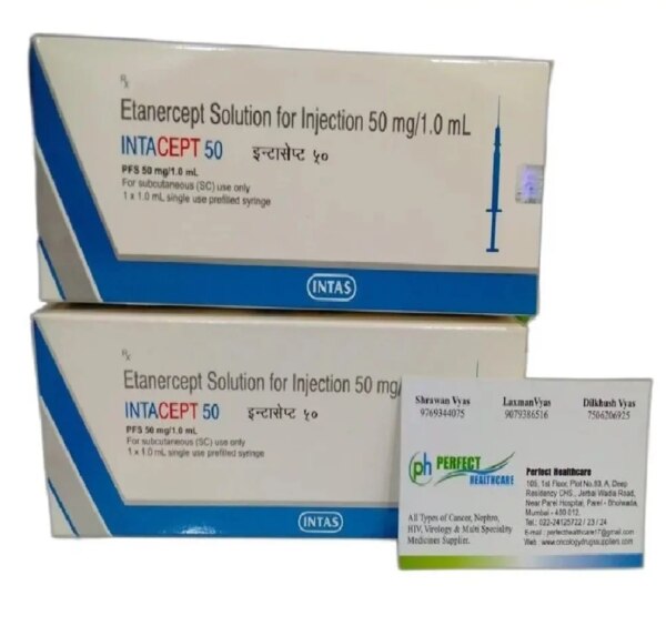 Packaging Size	1.0 mlBrand	IntaceptManufacturer	Intas Pharmaceuticals LtdPrescription/Non prescription	Non prescriptionForm	InjectionStrength	50 mgIntacept 50mg Injection is a medicine used to treat a variety of conditions such as ankylosing spondylitis, rheumatoid arthritis, psoriasis, ulcerative colitis, and Crohn’s disease. It provides relief from swelling, pain, and redness associated with various disorders and improves physical function.