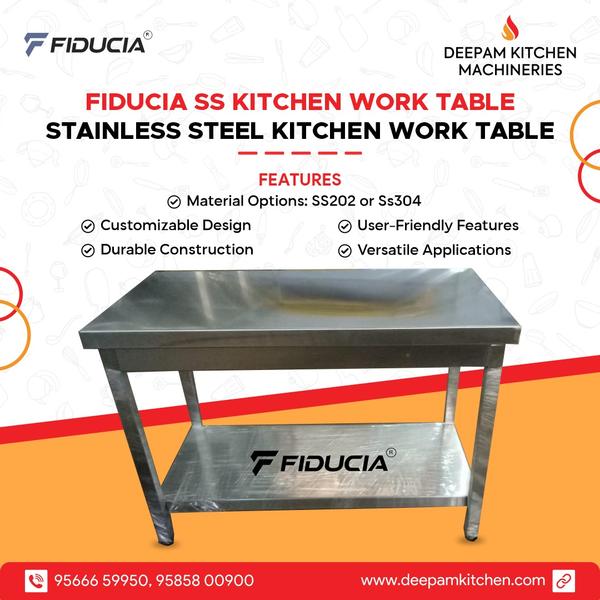 Deepam Kitchen Machineries is a manufacturer, exporter and supplier of Fiducia SS Kitchen Work Table. These products are fabricated using premium quality stainless steel 304 grade. We can customise the different sizes as per customer requirements.  These products are fabricated using premium quality raw materials sourced from our valued vendors.All the prouducts are ergonomicalluy designed to take on the toughest jobs with optimum performance. 