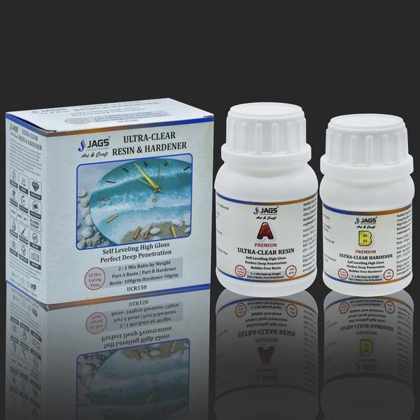 1. Material: Resin & Hardener. Pack Contains 100 gm. of Clear Resin & 50 gm. of Hardener. Mixing Ratio 2:1 and working time 30 to 40 Minutes.2. This resin and hardener are ideal for jewellery making, dome stickers, dome embellishments, and coating wooden furniture for sheen & protection.3. It is water-resistant when it is dry and gives a glossy finish to your projects.4. It is Bubble Free Hardener a clear Transparent and High Gloss Coating.5. It is also low Viscosity, UV resistant, compatible with pigments, and free from solvent and unpleasant odour.