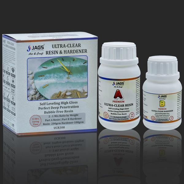 1. Material: Resin & Hardener. Pack Contains 200 gm. of Clear Resin & 100 gm. of Hardener. Mixing Ratio 2:1 and working time 30 to 40 Minutes.2. This resin and hardener are ideal for jewelry making, dome stickers, dome embellishments, and coating wooden furniture for sheen & protection.3. It is water-resistant when it is dry and gives a glossy finish to your projects.4. It is a Bubble hardener a clear Transparent and High Gloss Coating.5. It is also low Viscosity, UV resistant, compatible with pigments, and free from solvents and unpleasant odours.Extremely easy to use. Weigh 2 parts of resin and 1 part of hardener and mix them for 3-4 mins continuously scrapping the edges of cup. Let it mix stand for 10 mins and the bubbles shall bust automatically. Pour into small cups add pigments if required. Being SELF LEVELING material, the resin on pouring in mould shall level to form a smooth uniform and glossy layer. If poured without adding colour, the cast film shall be CLEAR and TRANSPARENT. It is highly recommended to cover the moulds in which resin is poured to prevent any dust from settling on pieces