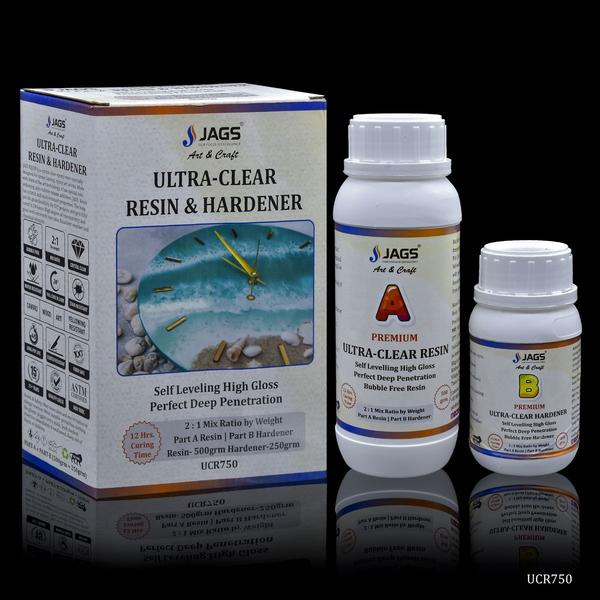 1. Material: Resin & Hardener. Pack Contains 500 gm. of Clear Resin & 250 gm. of Hardener. Mixing Ratio 2:1 and working time 30 to 40 Minutes.2. This resin and hardener is ideal for jewellery making, dome stickers, dome embellishments, and coating wooden furniture for sheen & protection.3. It is water-resistant when it is dry and gives a glossy finish to your projects.4. It is a Bubble Free Hardener a clear Transparent and High Gloss Coating.5. It is also low Viscosity, UV resistant, compatible with pigments, and free from solvent and unpleasant odour.Extremely easy to use. Weigh 2 parts of resin and 1 part of hardener and mix them for 3-4 mins continuously scrapping the edges of cup. Let it mix stand for 10 mins and the bubbles shall bust automatically. Pour into small cups add pigments if required. Being SELF LEVELING material, the resin on pouring in mould shall level to form a smooth uniform and glossy layer. If poured without adding colour, the cast film shall be CLEAR and TRANSPARENT. It is highly recommended to cover the moulds in which resin is poured to prevent any dust from settling on pieces