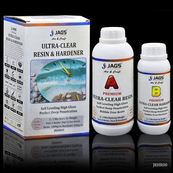 1. Material: Resin & Hardener. Pack Contains 1000 gm. of Clear Resin & 500 gm. of Hardener. Mixing Ratio 2:1 and working time 30 to 40 Minutes.2. This resin and hardener are ideal for jewelry making, dome stickers, dome embellishments, and coating wooden furniture for sheen & protection.3. It is water-resistant when it is dry and gives a glossy finish to your projects.4. It is a Bubble Free Hardener a clear Transparent and High Gloss Coating.5. It is also low Viscosity, UV resistant, compatible with pigments, and free from solvents and unpleasant odour.