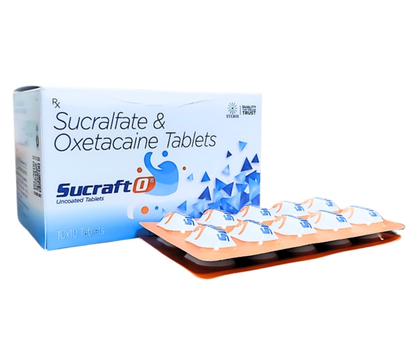 SUCRAFT O Tablets are a powerful oral medication formulated to provide fast and effective relief from various gastrointestinal discomforts. Specifically designed to treat ulcers, acid-related indigestion, and gastritis, this combination of Sucralfate and Oxetacaine works synergistically to protect the stomach lining while soothing irritation and pain. These tablets are ideal for individuals experiencing conditions like acid reflux, heartburn, and stomach ulcers, offering both protection and symptom relief.Key IngredientsSucralfate (1g):Sucralfate is a cytoprotective agent that forms a protective barrier over ulcers and damaged mucosa in the stomach and duodenum. This barrier shields the area from stomach acid, enzymes, and bile salts, allowing natural healing to occur.Oxetacaine (20mg):Oxetacaine, also known as oxethazaine, is a potent local anesthetic that offers immediate pain relief by numbing the gastric mucosa. It provides fast-acting relief from the burning sensation commonly associated with acid reflux and gastric ulcers.Key BenefitsRelieves symptoms of acidity, heartburn, and gastric ulcers.Forms a protective coating over the stomach lining to aid healing.Reduces inflammation and prevents further acid-related injury.Provides quick pain relief due to its anesthetic action.Helps manage conditions like GERD, peptic ulcers, and erosive gastritis.Ideal for use alongside other anti-ulcer therapies for comprehensive care.How Does It Work?SUCRAFT O Tablets function through a dual-action mechanism. Sucralfate binds to proteins at the ulcer site, forming a viscous, adhesive substance that acts as a physical barrier. This layer prevents further damage from stomach acids, promoting the regeneration of the epithelial lining. Simultaneously, Oxetacaine numbs the gastrointestinal mucosa, offering instant relief from pain and irritation caused by excessive acid. Together, they not only shield the mucosa but also address the discomfort that accompanies gastric and duodenal disorders.Directions for UseTake SUCRAFT O Tablets as prescribed by your healthcare provider.The typical dosage is one tablet taken on an empty stomach, usually one hour before meals and at bedtime.Swallow the tablet whole with a glass of water.Do not crush or chew the tablet.Follow your physician’s guidance strictly and do not exceed the recommended dose.Side EffectsWhile SUCRAFT O Tablets are generally well-tolerated, some individuals may experience minor side effects, including:ConstipationDry mouthNauseaAbdominal discomfortAllergic reactions such as rash or itching (rare)If you experience any severe or persistent side effects, consult your healthcare provider promptly.