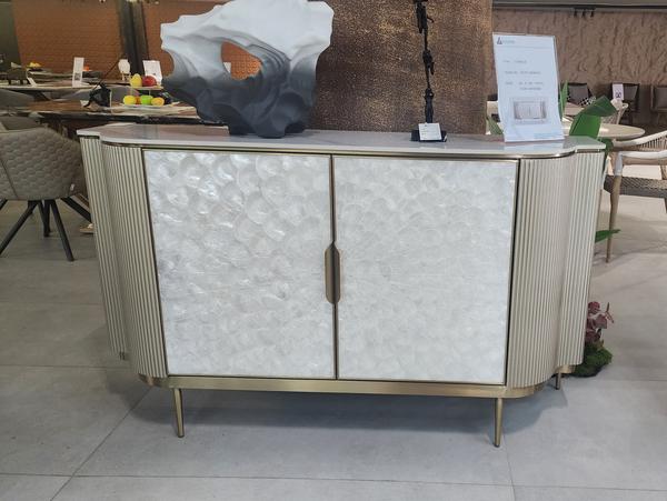 PRODUCT - Console 2-door cabinet SIZE            - 1500*400*890mmMATERIAL - Stainless steel + natural shell +                      rock plate + high-density board