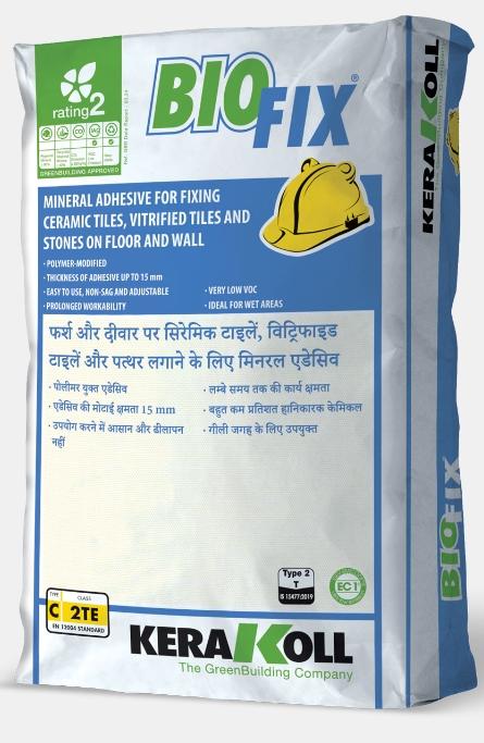 BiofixMineral adhesive for fixing ceramic tiles, vitrified tiles and stones on floor and wall.Ideal for wallsPolymer‑modifiedThicknesses up to 15 mmIdeal for wet areas No sag Very low VOC For glass mosaic Prolonged workability Adjustable