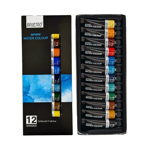Professional Grade Watercolours: Brustro Artist’s Watercolour Paint Set includes 12 vibrant, transparent shades in 5ml tubes, crafted for superior blending and layering.Set of 12 Vibrant Shades: Carefully selected colours formulated to give bright, clean tones when used in full intensity. Includes Colours - Lemon Yellow, Gamboge, Crimson, Scarlet, Ultramarine, Cobalt Blue Hue, Prussian Blue, Pthalo Green, Sap Green, Burnt Sienna, Yellow Ochre, Black.Excellent Transparency & Flow: Each colour delivers high tinting strength with smooth flow, ideal for both wet-on-wet and dry techniques.Perfect for Fine Art & Detailing: Designed for landscapes, portraits, botanical art, and more. Great control and color intensity for professionals and hobbyists alike.Works on Multiple Surfaces: Best suited for watercolour paper but also compatible with mixed media surfaces, making it versatile for various styles.Intermixable and fade resistant: Made with high-quality rich pigments and a unique formulation, ensuring safety without compromising brilliance or longevity.