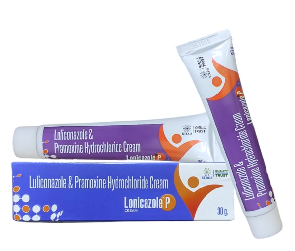 LONICAZOLE P is a powerful topical formulation designed to treat fungal skin infections effectively while providing rapid relief from itching and discomfort. Enriched with the antifungal potency of Luliconazole and the fast-acting anesthetic benefits of Pramoxine Hydrochloride, this dual-action cream offers both therapeutic treatment and symptomatic relief. Ideal for conditions like athlete’s foot, ringworm, jock itch, and candidiasis, LONICAZOLE P provides an advanced solution to restore skin health and comfort.Key IngredientsLuliconazole IP 1% w/w: A potent imidazole antifungal agent that targets and eliminates a wide range of fungal pathogens.Pramoxine Hydrochloride 1% w/w: A local anesthetic that provides immediate relief from itching, burning, and pain associated with fungal infections.Key BenefitsEffectively treats superficial fungal infections of the skin.Provides rapid and long-lasting relief from itching and irritation.Reduces redness, scaling, and inflammation caused by fungal activity.Combines antifungal treatment with symptomatic relief in a single application.Helps restore the natural appearance and integrity of the skin.How Does It Work?Luliconazole inhibits the synthesis of ergosterol, an essential component of fungal cell membranes. Without ergosterol, fungal cells lose structure and die, eliminating the infection.Pramoxine Hydrochloride works by blocking nerve signals in the skin, thereby reducing the sensation of itchiness and discomfort almost immediately after application.Directions for UseClean and dry the affected area thoroughly before application.Apply a thin layer of LONICAZOLE P cream to the infected area and surrounding skin once daily or as directed by your physician.Rub in gently and allow the cream to absorb completely.Continue use for the full course of treatment, even if symptoms improve, to prevent recurrence.Wash hands after application unless the hands are the area being treated.Side EffectsMild burning, stinging, or redness at the site of application may occur.Dryness or flaking of the skin may be observed in some cases.Allergic reactions such as rash, swelling, or itching (rare) should be reported to a healthcare provider.Discontinue use and consult a doctor if irritation worsens or if there are signs of an allergic reaction.
