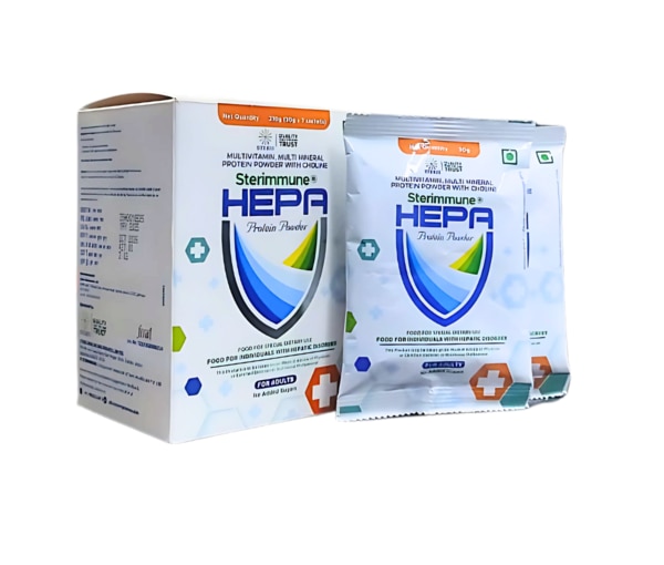 STERIMMUNE HEPA PROTIN POWDER is a scientifically formulated nutritional supplement designed to support overall wellness, energy, and liver function. Enriched with essential multivitamins, vital minerals, high-quality protein, and choline, this powder provides a balanced solution to meet daily nutritional needs. Ideal for individuals recovering from illness, with weakened immunity, or seeking a daily health boost, it contributes to enhanced vitality and supports organ health—particularly liver health.Key IngredientsMultivitamins: Includes a broad spectrum of vitamins such as A, B-complex, C, D, and E that support immune health, metabolism, vision, and energy production.Multi Minerals: Essential minerals like calcium, magnesium, zinc, selenium, and iron help in strengthening bones, oxygen transport, antioxidant defense, and enzymatic functions.Protein: High-quality protein helps in muscle repair, tissue regeneration, and maintaining lean body mass.Choline: An essential nutrient that plays a critical role in liver function, brain development, nerve function, and fat metabolism.Key BenefitsProvides complete nutritional support for the body’s daily needsPromotes healthy immune system functionSupports liver health and helps improve fat metabolismEnhances muscle recovery and energy productionImproves cognitive function and memory through the action of cholineSupports antioxidant activity to combat oxidative stressIdeal for recovery from chronic illness or surgerySuitable for all age groups including growing children, adults, and the elderlyHow Does It Work?STERIMMUNE HEPA PROTIN POWDER works by replenishing essential nutrients that may be deficient due to poor diet, illness, or increased physiological demand.The multivitamins and minerals help activate numerous biological processes including enzyme function, energy release, and immune defense.Protein aids in muscle growth, cellular repair, and maintaining body structure.Choline supports liver detoxification, helps prevent fat accumulation in the liver, and improves neurotransmitter activity.The synergistic effect of these ingredients ensures optimal absorption and utilization, keeping the body nourished and resilient.Directions for UseMix one or two tablespoons (approx. 15–30g) of the powder with 200 ml of lukewarm milk or water.Stir well until completely dissolved and consume immediately.Take once or twice daily, or as directed by a healthcare professional.Can be consumed with breakfast or between meals for best results.Side EffectsSTERIMMUNE HEPA PROTIN POWDER is generally well tolerated when taken as directed. However, mild side effects may occur in sensitive individuals such as:Bloating or gas due to protein digestionMild nausea if taken on an empty stomachAllergic reaction in individuals sensitive to any ingredient (consult label)Always consult your physician before starting any supplement, especially if you are pregnant, breastfeeding, or have a chronic medical condition.