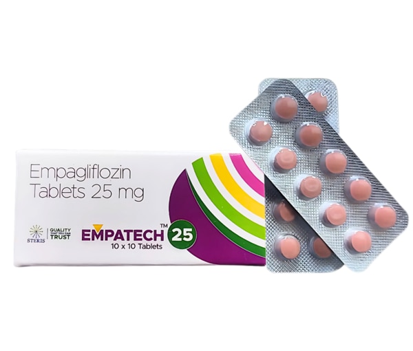 EMPATECH 25 is an advanced oral medication formulated with Empagliflozin 25 mg, a trusted and effective treatment for managing Type 2 Diabetes Mellitus (T2DM). It is part of a class of drugs known as SGLT2 inhibitors (sodium-glucose co-transporter 2 inhibitors), designed to help lower blood sugar levels in adults when used alongside proper diet and exercise. EMPATECH 25 not only improves glycemic control but also contributes to weight management and cardiovascular health in diabetic patients.Key IngredientsEmpagliflozin 25 mg: A selective SGLT2 inhibitor that helps remove excess glucose from the body through urine, lowering blood sugar levels in patients with type 2 diabetes.Key BenefitsHelps significantly reduce elevated blood glucose (HbA1c) levels in Type 2 DiabetesSupports weight loss by reducing excess sugar stored in the bodyAids in lowering systolic blood pressureDemonstrated cardiovascular benefits, including reduced risk of heart failure hospitalizationEnhances overall glycemic control without causing hypoglycemia when used aloneConvenient once-daily oral dosingHow Does It Work?Empagliflozin blocks the SGLT2 protein in the kidneys, which is responsible for reabsorbing glucose back into the bloodstream.By inhibiting this protein, the medication increases glucose excretion through urine, thereby lowering blood sugar levels.It works independently of insulin, making it a suitable option even when insulin resistance is present.Additionally, this mechanism reduces blood pressure and body weight, offering multiple metabolic benefits beyond blood sugar control.Directions for UseTake one tablet of EMPATECH 25 orally once a day, preferably at the same time each day.It can be taken with or without food.Follow the dosage as prescribed by your healthcare provider.Do not crush, chew, or break the tablet; swallow it whole with water.Maintain regular blood sugar monitoring and adhere to a balanced diet and exercise regimen.Side EffectsIncreased urinationGenital infections (e.g., yeast infections)Urinary tract infections (UTIs)Thirst and mild dehydrationLow blood pressure (especially in people on diuretics)Dizziness or lightheadednessPossible increase in cholesterol levelsIn rare cases, ketoacidosis (seek immediate medical attention if symptoms like nausea, vomiting, or abdominal pain occur)