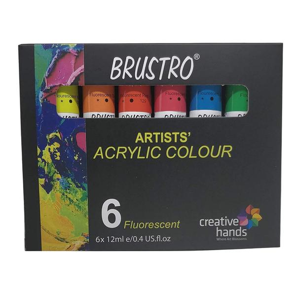 BRUSTRO Artists Acrylic Colour Paint Set of 6 Fluorescent Colours x 12ml TubesSmooth & Blendable Texture – Easy-to-mix paints with excellent coverage, perfect for layering and gradients.Quick-Drying & Long-Lasting – Helps you work efficiently while maintaining vibrant results over time.Versatile Use on Multiple Surfaces – Works beautifully on canvas, wood, paper, and other creative surfaces.The set contains 6 Fluorescents : Yellow, Green, Blue, Orange, Red and Pink.Ideal for Artists & Hobbyists – A must-have material for students, professionals, and DIY enthusiasts.Convenient 12ml Tubes – Allows controlled application, reducing waste while keeping your workspace clean.Perfect for Arts & Crafts – Great for adding a pop of neon to creative projects, decorations, and personalized gifts.Set of 6 Fluorescent Shades – Features intense, high-pigment colours that add a striking neon effect to your artwork.