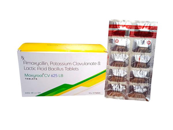 MOXYROOT CV 625LBAmoxycillin+clavulanic Acid+lactic Acid Bacillus belongs to the group of medicines called antibiotics. Amoxycillin+clavulanic Acid+lactic Acid Bacillus is used to treat bacterial infections of the ear, nose, throat, skin, bone, soft tissue, joints, urinary tract, and respiratory tract