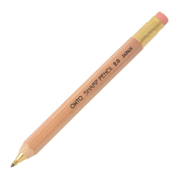 OHTO Mechanical Pencil Wood Sharp with Eraser 2.0, 2.0mm, Natural Wood Color BodyA mechanical pencil designed to look like the wooden pencils. Hexagonal barrel made of cedar with brass tip for lead and an eraser on top. Replaceable 2mm lead.Advance Mechanism:Push-Button Ink Type:GraphiteMaterial: Body: Natural wood, Knock/Taper: Brass Refill Type:RefillableTip Shape:Needle Tip Size:2mm