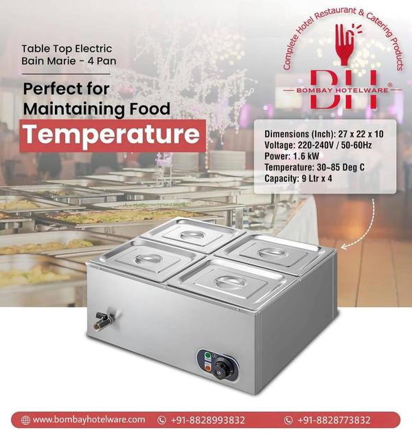 Bain Marie 4 pot (4x4L) 16 LitersHigh-quality stainless steel serving pans, constructed with food-grade materials for safe and hygienic food preparation.Body Insulated With High Temperature Ceramic WoolThe warmer features an illuminated indicator light that clearly indicates when the device is in operation.Easily removable pans and lids for convenient cleaning and maintenance