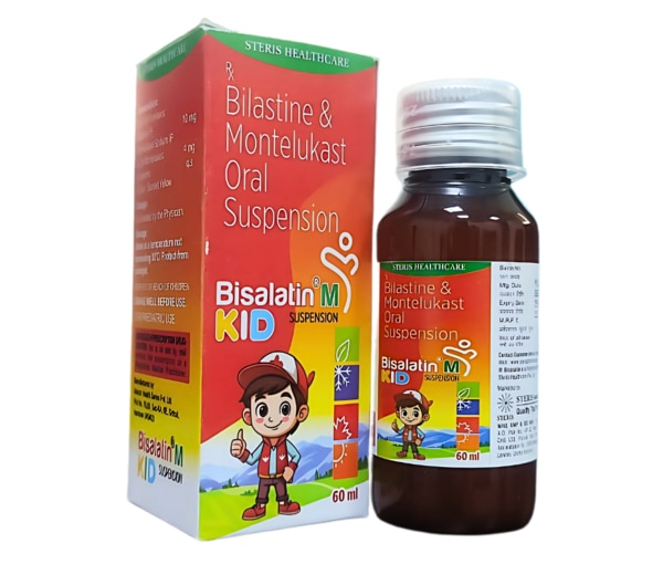 BISALATIN M KID is a specially formulated oral suspension for children, combining Bilastine 10mg and Montelukast 4mg, two potent agents known for their efficacy in treating allergic rhinitis, seasonal allergies, and mild to moderate asthma symptoms. Developed with a palatable taste and child-friendly formulation, BISALATIN M KID provides fast, effective relief from sneezing, runny nose, nasal congestion, itchy eyes, and breathing difficulties—ensuring your little one stays healthy and active.Key Ingredients:Bilastine: A second-generation non-sedating antihistamine that blocks the H1 receptor to treat allergic symptoms like sneezing, itching, watery eyes, and rashes.Montelukast: A leukotriene receptor antagonist that helps reduce inflammation in the airways, preventing wheezing and shortness of breath in conditions like asthma and allergic rhinitis.Key Benefits:Dual-action relief from both nasal and bronchial allergic symptoms.Effective management of asthma symptoms and seasonal allergic rhinitis.Non-sedative and safe for daytime use—does not cause drowsiness in most children.Easy-to-administer oral liquid form with a pleasant taste for kids.Reduces the need for frequent use of inhalers or nasal sprays.How Does It Work?Bilastine works by blocking histamine H1 receptors, thereby preventing histamine—a chemical your body makes during allergic reactions—from causing symptoms like itching, swelling, and congestion. Montelukast blocks leukotrienes, substances that cause narrowing and swelling of airways in the lungs. Together, they provide comprehensive relief from both upper and lower respiratory allergic symptoms.Directions for Use:Shake the bottle well before use.Administer the prescribed dosage using the included measuring cup or dropper.Can be taken with or without food.Always follow your pediatrician’s dosage and timing recommendations.Possible Side Effects:BISALATIN M KID is generally well-tolerated. However, some children may experience:Mild drowsinessAbdominal discomfortHeadacheDry mouthBehavioral changes (rare, usually with montelukast)Note: If any side effects persist or worsen, consult your doctor immediately.Conclusion:BISALATIN M KID is a trusted pediatric formulation that ensures dual-action protection against allergy and asthma symptoms, enhancing your child’s comfort and quality of life. Recommended by healthcare professionals, it’s the smart choice for complete allergy management in children.