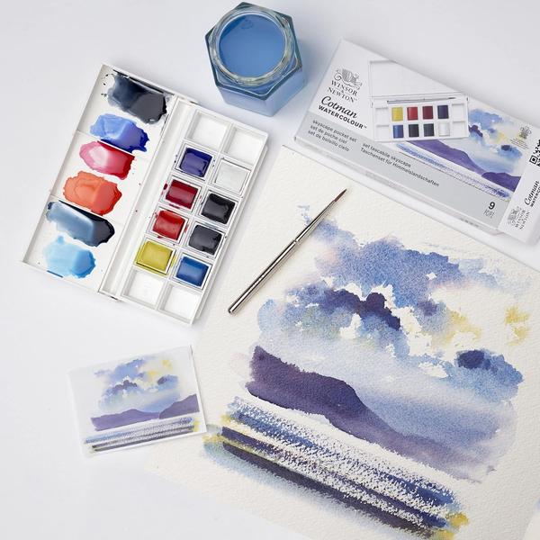 Water Colour 8 Pcs Floral Pocket Set | 8 Half Pans| Winsor & Newton Cotman Water Colour 8 Pcs Floral Pocket Set | 8 Half Pans| Highly Pigmented, Vibrant, Vivid & Intermixable Artists' Water Colour Paints | Highly Pigmented, Vibrant, Vivid & Intermixable Artists' Water Colour Paints. Ideal for painting trips or a serious painting holiday this attractive water-resistant bag with an adjustable strap is ideal for the travelling or outdoor artist. Portrait Pocket Set - 8 Half Pans with Brush - Set Contains - Cadmium Yellow, Cademium Red Hue, Rose Madder Hue, Yellow Ochre, Burnt Sienna, Burnt Umber, Indigo, Chinese White Use of traditional pigments and synthetic pigments to produce an inexpensive selection of good quality watercolours; 40 colours in tubes and pans with good transparency, excellent tinting strength and good working properties Uniform consistency in comparison to the Professional Water Colour range and this benefits beginners as there is less to learn about each individual pigment All Cotman Watercolour are classed as 'permanent for artists' use' with AA and A rating which aids the longevity of paintings; Easy to work with good transparency.