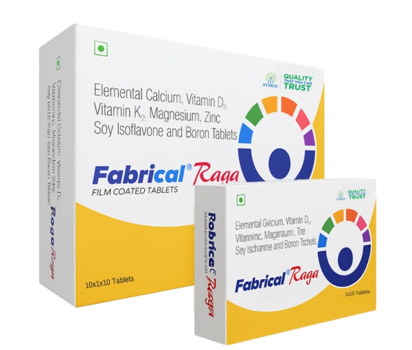 FABRICAL RAGA is a scientifically formulated nutritional supplement designed to strengthen bone health, improve calcium absorption, and support hormonal balance—especially in women. Enriched with a powerful combination of Elemental Calcium, Vitamin D3, Vitamin K2, Magnesium, Zinc, Soy Isoflavones, and Boron, this advanced bone care formula is ideal for individuals at risk of osteoporosis, postmenopausal women, and those with poor dietary calcium intake.Key IngredientsElemental Calcium (500 mg) – Essential for bone density and skeletal strength.Vitamin D3 (Cholecalciferol) – Aids in calcium absorption from the gut.Vitamin K2 (MK-7) – Helps direct calcium to bones and prevents arterial calcification.Magnesium – Vital for bone matrix formation and muscle function.Zinc – Supports bone tissue renewal and immune health.Soy Isoflavones – Plant-based phytoestrogens that mimic estrogen, useful in postmenopausal bone loss prevention.Boron – Enhances calcium and magnesium retention, and supports bone-building hormones.Key Benefits✅ Improves calcium absorption and utilization in the body✅ Supports healthy bone density and joint flexibility✅ Prevents calcium deposition in arteries and soft tissues✅ Ideal for postmenopausal women to prevent bone loss✅ Enhances hormonal balance and reduces menopausal symptoms✅ Boosts immunity and supports muscle function✅ Helps prevent osteoporosis, fractures, and calcium deficiencyHow Does It Work?FABRICAL RAGA works through synergistic action:Calcium & Vitamin D3 collaborate to ensure effective absorption and availability of calcium in the bloodstream.Vitamin K2 directs the absorbed calcium to bones and away from arteries, supporting vascular and skeletal health.Magnesium and Zinc strengthen bone structure by promoting the formation of bone proteins and enzymes.Soy Isoflavones act like estrogen to prevent rapid bone resorption in postmenopausal women.Boron regulates calcium metabolism and boosts hormonal activity, especially estrogen and vitamin D synergy.Directions for UseRecommended Dosage: One tablet daily or as directed by your physician or healthcare professional.Best taken after meals with water.Suitable for adults, especially postmenopausal women, elderly individuals, and those with calcium deficiency.Side EffectsFABRICAL RAGA is generally well-tolerated when taken as recommended. However, mild side effects may include:Nausea or stomach upsetConstipation (due to high calcium intake)Rarely, allergic reactions (especially in individuals sensitive to soy)Note: Consult your doctor before starting if you are pregnant, breastfeeding, or taking any other medications.