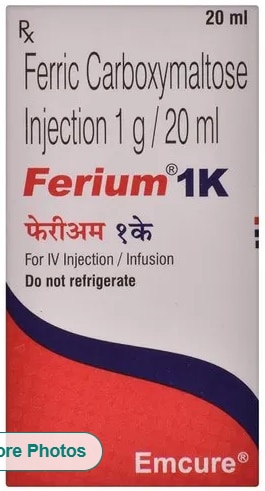 Ferric Carboxymaltose InjectionGet Latest PriceUsage/Application	Hospital & ClinicalPackaging Type	BoxPackaging Size	20 mlComposition	Ferric CarboxymaltoseManufacture By	Emcure Pharmaceuticals LtdSide Effect	Nausea Flushing Dizziness High blood pressure Low levels of phosphorus in the blood Injection site rINTRODUCTIONFerium 1K Injection is an iron replacement medicine. It is used to treat a type of anemia where you have fewer amount of red blood cells due to insufficient iron in your body (iron-deficiency anemia). Iron is needed to produce the red blood cells that carry oxygen around your body.Ferium 1K Injection is given by injection or infusion (saline drip) into a vein by your doctor or nurse. You will be watched carefully to make sure you do not have an allergic reaction. It is usually given in two doses, seven days apart. Your doctor will decide how much and how often you may need injections to improve your anemia. Eating a well-balanced diet that has enough iron, vitamins, and minerals can help to replenish your iron reserves. Good sources of iron include meat, eggs, raisins, broccoli, and lentils. The most common side effects include vomiting, headache, dizziness, high blood pressure, and pain or irritation at the site of injection. Most of these usually go away within a short time of the injection. If you are bothered by them or they go on for longer, talk to your doctor or nurse. You should not have this medicine if your anemia is not caused by a lack of iron.Before taking it, tell your doctor if you have rheumatoid arthritis, asthma or other allergies, high blood pressure, or liver problems. This may affect your treatment. It is not known whether this medicine is safe for use if you are pregnant or breastfeeding so please take advice from your doctor. You will have tests to check your blood cells and iron levels, monitor your progress, and check for side effects. It may be advisable to limit alcohol during treatment.USES OF FERIUM INJECTIONTreatment of Iron deficiency anemiaBENEFITS OF FERIUM INJECTIONIn Treatment of Iron deficiency anemiaAnaemia is a condition where your body does not have enough red blood cells to carry oxygen around your body. If you do not have enough iron from the foods you eat (because of poor nutrition or poor absorption of the mineral), your body will produce fewer red blood cells and can cause anaemia. Ferium 1K Injection is an iron replacement product. It can boost your levels of red blood cells and reduce the symptoms of anaemia such as tiredness and weakness. This medicine is given as an injection by a doctor or nurse, usually in two doses 7 days apart. Make sure you attend all appointments. You should not have this medicine if your anaemia is not caused by a lack of iron.SIDE EFFECTS OF FERIUM INJECTIONMost side effects do not require any medical attention and disappear as your body adjusts to the medicine. Consult your doctor if they persist or if you’re worried about them