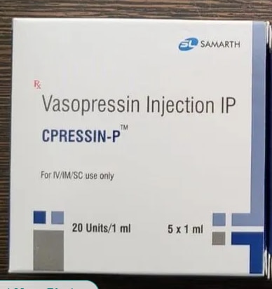 Vasopressin Injection IPGet Latest PriceBrand	Cpressin-PManufacturer	Samarth Life SciencesPackaging Type	BoxMedicine Type	InjectionUsage/Application	HospitalComposition	Vasopressin (20IU)Injectable Form	LiquidPackaging Size	5 x 1 mlShelf Life	Before use 09/2022Gender	UnisexEstablished as a Partnership firm in the year 2017 at Mira Road (Mumbai, India), we “Shree Guru Pharma” are a leading Wholesale Distributor of a wide range of Pharmaceutical Injection, Pharmaceutical Tablets, Meropenem Injections, etc