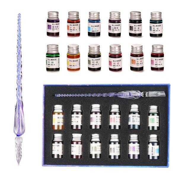Crystal Glass Dip Pen and Ink Set, Glass Calligraphy Pens With 12Pcs Colorful india ink,Crystal Signature Pen for Art, Painting, Writing, Decoration and Business Gift.❤ PERFECT CALLIGRAPHY SET : Perfect set for beginners and advanced calligraphers. glass dip pen set includes 1 glass pens 12bottles of different color inks pen holder and a cleaning cup.Glass pen made of high borosilicate glass❤ 12 VIBRANT COLORS INK : Colors of ink contain gold powder enable your creation more incredible If you are looking for an ink which is shimmering, highly reflective colors that are lightfast archival and permanent, works for illustration calligraphy pens dip pens this ink set would be your best choice. Shake the ink bottle well before use❤ EASY TO USE : You could write 40-50 words per dip Easily rinse clean with water and dry with paper in just 10 seconds. Quickly switch between different colors without having to refill the stationary kit.The Crystal glass pen classic and elegant. The gold foil embellishment increased the high-grade texture set off the gorgeous color of the glass pen❤ VERSATILITY AT YOUR FINGERTIPS : Dive into a world of creativity with the diverse selection of vibrant ink colors included in this set. From rich, deep hues to vibrant shades, the array of colors empowers you to express yourself in every stroke, whether you're creating intricate calligraphy or intricate illustrations.❤ GREAT GIFT : The japanese stationary--fountain pen set, exquisite design, excellent packing, elegant and luxury gift pen for writers, creative types, artist, also dear friends and loved ones. Enjoying the compliments on your beautiful calligraphy pens, you will never get tired of the stream of compliments that you get from this nice pen.