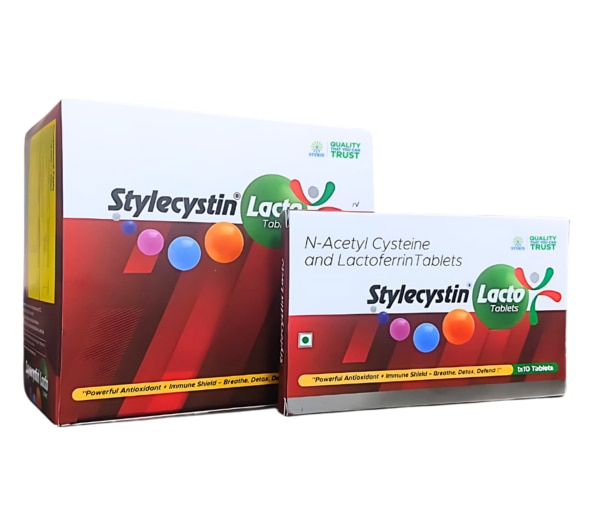 STYLECYSTIN LACTO combines two powerful, scientifically backed ingredients—N-Acetyl-L-Cysteine (NAC) and Lactoferrin—to support respiratory health, immune function, and antioxidant protection. This dual-action tablet is designed for optimal bioavailability, delivering targeted support for individuals seeking relief from mucus congestion, enhanced immune defenses, and overall cellular wellness.What Is STYLECYSTIN LACTO?STYLECYSTIN LACTO is a synergistic supplement featuring:N-Acetyl-L-Cysteine (NAC) (600 mg): A precursor to the antioxidant glutathione, NAC helps thin and loosen mucus in the airways while neutralizing free radicals.Lactoferrin (100 mg): A naturally occurring glycoprotein with antimicrobial and immunomodulatory properties that supports iron homeostasis and strengthens innate immunity.Together, these n-acetyl-l-cysteine and lactoferrin tablets offer comprehensive respiratory and immune support in one convenient dose.Uses of N-Acetyl-L-Cysteine and Lactoferrin TabletsMucolytic TherapyNAC breaks down disulfide bonds in mucus, promoting easier expectoration in conditions like chronic bronchitis, COPD, and sinusitis.Antioxidant SupportNAC boosts glutathione synthesis, scavenging free radicals and protecting cells from oxidative stress.Immune EnhancementLactoferrin modulates immune cell function, inhibits pathogen growth by sequestering iron, and supports a balanced inflammatory response.Upper Respiratory HealthCombined action helps reduce the frequency and severity of viral and bacterial respiratory tract infections.Gut–Immune Axis SupportLactoferrin promotes a healthy gut microbiome, supporting digestive wellness and systemic immunity.Side Effects of STYLECYSTIN LACTOWhile n-acetyl-l-cysteine and lactoferrin tablets are generally well tolerated, some individuals may experience:Gastrointestinal Discomfort: Nausea, bloating, or loose stools (usually mild and transient)Allergic Reactions: Rare skin rash, itching, or hives—more likely in those with milk protein sensitivities (due to lactoferrin)Headache or Dizziness: Occasional, typically improves with continued useUnpleasant Odor: NAC may produce a mild sulfur-like taste or smellIf side effects persist or worsen, discontinue use and consult your healthcare provider.Precautions Before Using STYLECYSTIN LACTOBefore starting STYLECYSTIN LACTO, consider the following:Allergy Alert: Do not use if you have a known allergy to N-Acetyl-L-Cysteine, lactoferrin, or milk-derived proteins.Asthma & Bronchospasm: Use cautiously in patients with asthma, as NAC’s mucolytic effect may trigger bronchospasm in sensitive individuals.Peptic Ulcer Disease: NAC can irritate the gastrointestinal mucosa; avoid or monitor closely if you have active ulcers.Pregnancy & Breastfeeding: Safety in pregnant or lactating women has not been fully established—consult your doctor.Dosage Compliance: Adhere strictly to the recommended dose; do not exceed without medical supervision.Drug Interactions: What Drugs Interact with STYLECYSTIN LACTO?Nitroglycerin & Other VasodilatorsCo-administration with NAC may increase the risk of hypotension or headaches.Activated CharcoalMay bind NAC in the gut, reducing its absorption and efficacy.Antibiotics (e.g., Tetracyclines, Quinolones)Lactoferrin’s iron-sequestering action could reduce antibiotic bioavailability; take antibiotics at least 2 hours apart.Anticoagulants (Warfarin)NAC may potentiate anticoagulant effects; monitor INR levels closely.Chemotherapeutic AgentsHigh-dose antioxidants like NAC could, in theory, interfere with oxidative mechanisms of certain chemotherapies—use only under oncology guidance.Always inform your healthcare provider about all prescription drugs, over-the-counter medications, and supplements you are taking to minimize the risk of adverse interactions.
