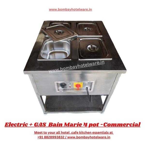 Durable and efficient 4-pot electric bain marie with stand model, perfect for keeping food hot and fresh during service. Suitable for restaurants, hotels, and catering counters.✔ 4 Pots – 1/2 GN Size  ✔ Electric Heating with Thermostat Control  ✔ Sturdy Stand Design – Easy to Use  ✔ Ideal for Buffet, Service Counters & Mess