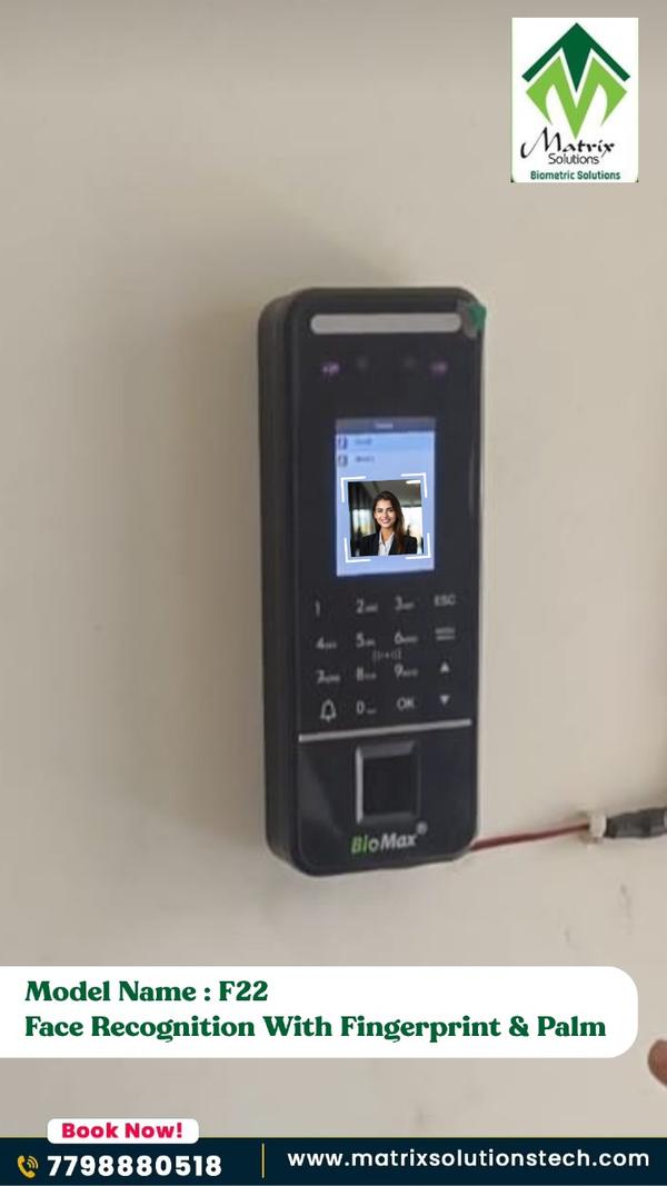Biomax NF22 offers High Speed and Accurate Face Recognition from distanceDual camera for Live Face Detection Feather touch keypad for smooth operationAvoid errors in face and fingerprint attendance with N-F22Also compatible with biometric Exit Reader for Access Control.Face Finger Palm Wi-Fi LAN USB Access Control to secure premisesFace Capacity 1,500Low Light Indoor Facial RecognitionMulti Biometric operation authentication modes like Face, Palm & Fingerprint