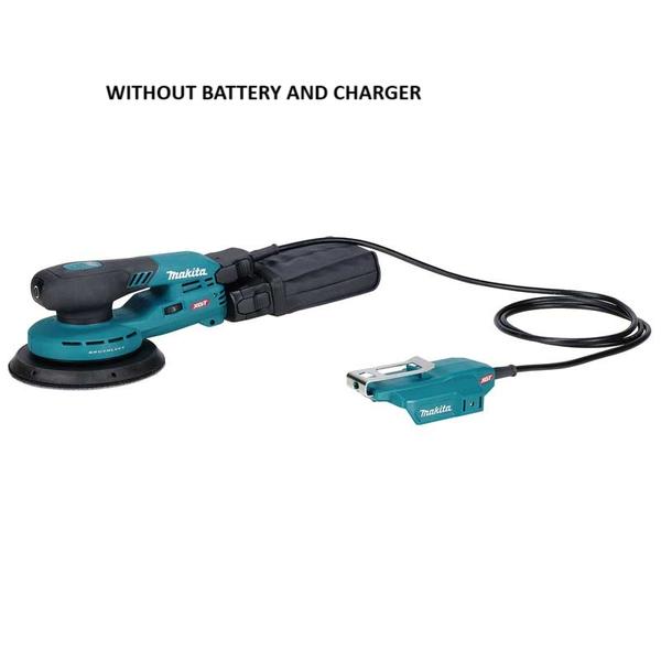 Description       • WITHOUT BATTERY AND CHARGER.•	40Vmax XGT BL AWS 150 mm (6″) Battery Powered Variable Speed Random Orbit Sander with Built-In Dust Extraction System•	Excellent maneuverability has been achieved by using a connector-style connection to the battery, reducing the load on hand and keeping the overall height low.•	Excellent maneuverability / Lightweight design / Low overall height• This model employs the connector-style for connection to the battery, achieving the lightweight design and overall height similar to that of pneumatic sanders.• The tool’s handle is designed to be as close as possible to the sanding surface and the center of gravity is optimally balanced to achieve excellent maneuverability during fine operations.• The easy-to-attach/detach connector structure allows for easy switching to an optimal product of connector-style sander series depending on various applications such as finish sanding of large surface, corners, etc.•	Powered by 40Vmax XGT Li-Ion battery / Driven by BL motor• Constant speed control suppresses rotation fluctuation to provide stable sanding.• Work efficiency equal to or superior to those of competing models•	Connected via connector• Battery adapter can be connected by inserting the connector into the tool.• A large lever for easy one-hand attachment/detachment• Two cord lengths, 1.6m and 5.0m, are available (standard: 1.6m, optional: 5.0m).•	New abrasive disc (net type)• Compared with the current abrasive discs, the net type discs reduce the chance of being clogged with dust, allowing for long continuous operation.• Improved efficiency for paints• Discs can be attached to the tool with the hook and loop fastener, allowing them to be attached to our current sanders.•	Workability superior to Pneumatic Sanders• No need for periodic maintenance of air piping• No need for periodic lubrication or running-in• No need for a compressor, thus reducing waiting time for re-filling after air consumption• High work efficiency and power consumption approx. 1/10 of Air Sanders•	Reduced wear of pad• The replacement frequency of the pad due to wear is reduced by attaching a replaceable pad saver between the pad and the abrasive disc.• Pad saver can be attached to the pad with the hook and loop fastener.•	Compatible with XPT (eXtreme Protection Technology)•	Dust bag• The Dust bag’s cap can be removed with a large lever in the same way as the connector of Battery adapter.• Dust in Dust bag can be discharged easily.•	Connectable to Vacuum cleanersSelectable from forced dust collection (with vacuum cleaner connected) or self dust collection (with dust bag attached) depending on applications•	Compatible with AWS (Auto-start Wireless System)•	Protection cover set (optional accessory) enables Battery to be carried on the back together with Backpack vacuum cleaner.•	Harness set (optional accessory) enables Battery to be carried on the back.•	Equipped with the following functions:• Soft start• Variable speed control• Constant speed control• Electric brake• Anti-restart function• Toolless attachment change (Hook and loop type)Technical SpecificationOrbits per minute: 6,000-10,000 minˉ¹Orbit diameter: 5.0 mm (3/16″)Abrasive disc size: 150 mm (6″)Abrasive disc fastening system: Hook & loopSwitch type: ElectronicSelf dust collection: YesSound pressure level: 78 dB(A)Noise K factor: 3 dB(A)Vibration level: 2.7 m/s²Vibration K factor: 1.5 m/s²Dimensions (L x W x H): 247 x 148 x 96 mm (9-3/4 x 5-7/8 x 3-3/4″)Net weight (Tool only): 0.98 kg (2.2 lbs.)Standard AccessoriesDust bag, Abrasive disc, Pad saver disc, Battery adapter set, Arm band complete, Front cuff,WITHOUT BATTERY AND CHARGER.