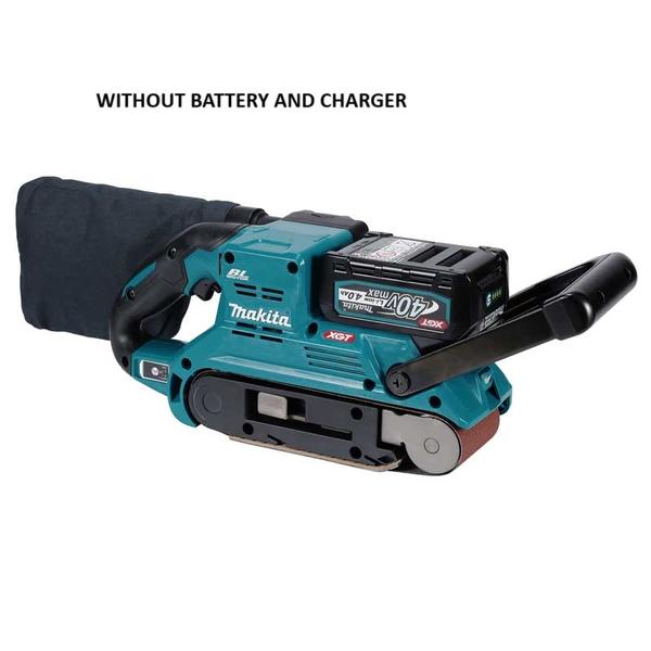•	WITHOUT BATTERY AND CHARGER•	40Vmax XGT BL AWS 76 mm x 533 mm (3″ x 21″) Cordless Variable Speed Belt Sander with Anti-restart function•	High power similar or superior to corded model (9903) has been achieved by a 40Vmax XGT Li-Ion battery and a BL motor. The belt speed is less likely to drop when the belt is pressed hard.•	Optimal weight balanceThe battery is positioned above the sanding belt on the front side of the tool. This ensures a uniform load on the sanding surface, enabling sanding with reduced unevenness.•	Angle adjustable LED job light• The angle of the LED job light can be manually adjusted according to the working posture (from 15 degrees up to 30 degrees down, with the horizontal direction as 0 degrees).• Twin LEDs with afterglow function•	Stationary use (Installed upside down)The tool’s flat surface on top of the housing allows it to be used as a stationary belt sander with the optional Clamp complete and Guide rule set.•	Dust bag with anti-drop featureWe have adopted a new dust bag equipped with a lock mechanism. This keeps the dust bag from falling off due to its own weight when the tool is used vertically, such as when sanding walls.•	Angle adjustable front handle• The front handle can be rotated without tools, and can be fixed every 30 degrees between 30 degrees to the rear and 60 degrees to the front, with the vertical direction as 0 degrees.• Sanding to the edge of the wall is possible by fixing the front handle at 0 degrees vertically or 30 degrees to the rear.•	Lock-on / Lock-off function• Continuous operation is improved by the lock-on function.• The lock-off lever positioned on the trigger avoids unintentional activation of the tool and provides ease of operation.•	High water-resistance compatible with XPT (eXtreme Protection Technology)•	Compatible with AWS (Auto-start Wireless System)•	Belt size: 76mm x 533mm•	Variable speed control by dial•	Flush sanding (Front, right side)•	Connectable to vacuum cleaners for cleaner work environment•	Automatic belt position adjustment•	Optional sanding shoe available for precise sanding depth controlTechnical SpecificationWheel Diameter : 355 mm (14″)Wheel hole diameter : 25.4 mm (1″)Max Wheel Thickness: 5.0 mm (3/16″)Min. wheel thickness : 2.0 mm (5/64″)Max Cutting Capacity: 127 mm (5″)No Load Speed (RPM) : 5,300Max output : 3,600 WVibration Level : Left / Right: 2.5 / 2.5 m/s² or lessVibration K Factor : Left / Right: 1.5 / 1.5 m/s²Sound Pressure Level : 109 dB(A)Sound Power Level : 120 dB(A)Noise K factor : 3 dB(A)Dimensions (L x W x H) : w/o Battery: 786 x 272 x 433 mm (31 x 10-3/4 x 17″)Dimensions (L x W x H) : w/o Battery: 786 x 272 x 433 mm (31 x 10-3/4 x 17″)Dimensions (L x W x H) : w/ BL4040: 786 x 272 x 433 mm (31 x 10-3/4 x 17″)Dimensions (L x W x H) : w/ BL4050F: 786 x 272 x 433 mm (31 x 10-3/4 x 17″)Dimensions (L x W x H) : w/ BL4080F: 786 x 283 x 433 mm (31 x 11-1/8 x 17″)Net weight : 12.3 – 14.1 kg (27.1 – 31.1 lbs.)Standard Accessories:Hex Wrench, Wrench, Coupling SleeveWITHOUT BATTERY AND CHARGER