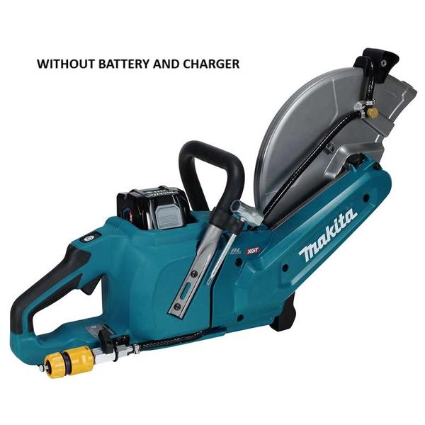 •	WITHOUT BATTERY AND CHARGER•	40Vmax XGT BL AFT Cordless 305 mm (12″) Power Cutter, Electric Brake•	Model CE004G, with a blade diameter of 305mm, offers a significant weight reduction compared to engine models, making it remarkably lightweight.•	Lightweight designTargeting users requiring both ease of maneuverability and deep cutting depth, outstanding light weight and cutting depth have been achieved compared to 305mm class engine models, by using the same tool body as CE003G while adopting the blade diameter of 305mm.•	Overload indicator lampIt alerts operator of overload with a red blinking LED and reduces unnecessary battery recharging by overload protection.•	Lock-off button minimizes accidental start up.•	LED job light enables operation in the dark sites where electricity is not supplied. It can be turned on/off by pushing the button conveniently located on the top of the tool.•	Electric brakeThe tool has an electric brake that engine power cutters do not have.•	Water supply kit can be connectedBy supplying water to the blade, the generation of dust during cutting is minimized.•	Active Feedback sensing Technology (AFT) turns the motor off if rotation speed suddenly slows or wheel is forced to stop.•	High water-resistance compatible with XPT•	Rotatable guardThe position of Guard can be adjusted according to working postures.•	Constant speed control•	Anti-restart functionTechnical SpecificationWheel diameter: 305 mm (12″)Max cutting capacity: 121 mm (4-3/4″)No load speed: 5,000 minˉ¹Vibration level: Left / Right: 3.8 / 2.3 m/s²Vibration K factor: Left / Right: 1.5 / 1.5 m/s²Sound pressure level: 99 dB(A)Sound power level: 110 dB(A)Noise K factor: 3 dB(A)Dimensions (L x W x H): 663 x 240 x 406 mm (26-1/8 x 9-1/2 x 16″)Net weight: 6.7 – 7.7 kg (14.8 – 17.0 lbs.)Net weight (Attachment): w/o BladeStandard Accessories:Box wrench, Wrench holder assembly, Coupling sleeve, Ring set, FlangeWITHOUT BATTERY AND CHARGER