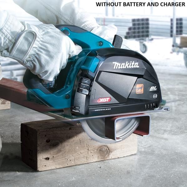 •	WITHOUT BATTERY AND CHARGER•	Designed mainly for single-pass cutting of 65mm metal studs, 2-1/2″ equal angle steel bars and lip channel steel bars•	Max cutting capacity of 67mm (2-5/8″)The gear size of the final shaft is minimized by using a high torque BL motor, providing 185mm (7-1/4″) CS002G with the same cutting capacity as a 203mm (8″) class corded model•	40Vmax XGT battery and High torque BL motor deliver high operation efficiency similar or superior to our or the competing corded models•	Improvement in ease to attach/detach Dust boxDust disposal efficiency is improved by newly using a mechanism which allows for attaching/detaching simply by one-hand operation of a plastic lever•	Equipped with a Lever for opening/closing Safety cover to comply with International Standard•	Active Feedback sensing Technology (AFT) automatically detects a drastic slow down in blade rotation speed, then immediately shuts down the tool to reduce the kickback force•	Built-in dust collection box for cleaner work environment•	Built-in twin LED lights with afterglow function for better illumination and more accurate work•	Electric brake allows you to move on to the next cutting immediately•	Soft start reduces recoil at startup•	Anti-restart function engineered to minimize motor start up when battery is inserted with switch locked on•	Lock-off (2 stage) safety switch for increased operator safety•	Extreme Protection Technology (XPT) is engineered for improved dust and water resistance for operation in harsh conditions•	BL motor eliminates carbon brushes, enabling the BL motor to run cooler and more efficiently for longer life•	Constant speed control minimizes reduction in rotation speed under load•	Soft grip provides increased comfort on the job•	Battery protection circuit protects against overloading, over-discharging and over-heatingTechnical SpecificationWheel Diameter : 185 mm (7-1/4″)Hole diameter : European Countries: 30 mm (1-3/16″)Hole diameter : North America: 15.88 mm (5/8″)Hole diameter : Others: 20 mm (13/16″)Max output: w/ BL4080F: 1,300 WMax Cutting Capacity : 0°: 67 mm (2-5/8″)No Load Speed (RPM): 3,500Vibration Level : Cutting Metal: 2.5 m/s² or lessVibration K Factor : Cutting Metal: 1.5 m/s²Sound Pressure Level : 102 dB(A)Sound Power Level : 113 dB(A)Noise K Factor : 3 dB(A)Dimensions (L x W x H) : 350 x 232 x 270 mm (13-3/4 x 9-1/8 x 10-5/8″)Net weight : 4.2 – 5.4 kg (9.3 – 11.9 lbs.)Standard Accessories:TCT Saw Blade, Hex wrench, Safety goggles (country-specific), Guide rule (country-specific).WITHOUT BATTERY AND CHARGER