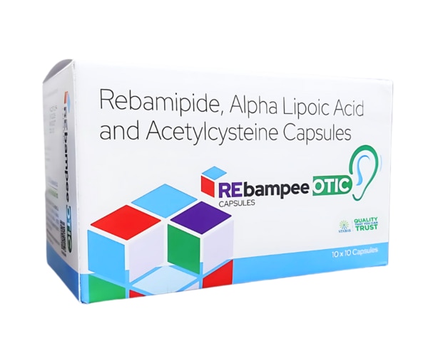 REBAMPEE OTIC is a scientifically formulated combination therapy that brings together Rebamipide 100mg, Alpha Lipoic Acid 100mg, and Acetylcysteine 100mg—three powerful agents known for their antioxidant, mucosal-protective, and neuroprotective properties. This triple-action formulation is primarily used for managing neuropathic conditions, oxidative stress, and inflammation, particularly in individuals suffering from diabetic neuropathy, gastric mucosal damage, and chronic inflammation.With its comprehensive therapeutic profile, REBAMPEE OTIC not only supports nerve regeneration but also helps maintain gastrointestinal health and cellular defense, making it an ideal adjunct in various chronic conditions.What is Rebampee Otic?REBAMPEE OTIC is a multi-functional capsule that contains:Rebamipide 100mg – A mucosal protective agent known to promote healing of the gastrointestinal lining, reduce oxidative stress, and modulate inflammation.Alpha Lipoic Acid 100mg – A universal antioxidant that helps in protecting nerve cells, improving insulin sensitivity, and combating free radicals.Acetylcysteine 100mg – A powerful mucolytic and antioxidant agent that also replenishes intracellular glutathione levels, offering protection against oxidative damage.Together, these ingredients work synergistically to offer both gastrointestinal and neurological protection.Uses of REBAMPEE OTIC CapsulesREBAMPEE OTIC is commonly used for:Management of diabetic neuropathy and other peripheral nerve disordersProtection and healing of the gastric mucosa in conditions like gastritis and ulcersReduction of oxidative stress and improvement of cellular repair mechanismsAdjunct therapy in metabolic disorders and chronic inflammatory conditionsImproving symptoms like tingling, numbness, and burning sensation in the limbsSupporting nerve health in patients with neurodegenerative conditionsSide Effects of REBAMPEE OTICWhile REBAMPEE OTIC is generally well-tolerated, some users may experience:Mild gastrointestinal disturbances (nausea, bloating, or diarrhea)Headache or dizzinessSkin rash or itching (rare)Unpleasant odor or taste (due to Acetylcysteine)Temporary increase in liver enzymes (in rare cases)Most of these side effects are mild and resolve on their own. If any symptom persists or worsens, consult a healthcare professional.Precautions Before Using REBAMPEE OTICBefore starting REBAMPEE OTIC, consider the following precautions:Inform your doctor if you have a history of liver or kidney disordersNot recommended for individuals with known allergies to any of its componentsUse with caution in pregnant or breastfeeding women—only under medical supervisionPatients with asthma or respiratory sensitivity should consult their doctor before using Acetylcysteine-containing productsAvoid taking high doses unless prescribed by a healthcare professionalDrug Interactions: What Drugs Interact with REBAMPEE OTIC?REBAMPEE OTIC may interact with the following medications:Antacids: May reduce the effectiveness of Rebamipide if taken simultaneouslyIron supplements: May interfere with absorption of Alpha Lipoic AcidNitroglycerin and other vasodilators: Caution with Acetylcysteine, as it may enhance vasodilatory effectsChemotherapy agents: Alpha Lipoic Acid may affect their efficacy—consult an oncologist before useActivated charcoal: May reduce absorption of RebamipideAlways inform your healthcare provider about all medications, herbal supplements, or vitamins you are taking to avoid potential interactions.ConclusionREBAMPEE OTIC Capsules offer a well-balanced combination of Rebamipide 100mg, Alpha Lipoic Acid 100mg, and Acetylcysteine 100mg—targeting both nerve health and mucosal protection. Whether you're managing diabetic neuropathy, chronic inflammation, or gastrointestinal issues, this triple-action formulation supports recovery and enhances overall well-being.For optimal results, follow your doctor’s dosage instructions and do not self-medicate. Choose REBAMPEE OTIC—a science-backed formula for lasting relief and cellular health.