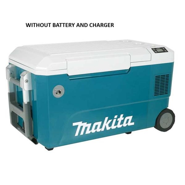 •	WITHOUT BATTERY AND CHARGER•	40Vmax XGT / 18V LXT / 12V/24V DC Cordless Cooler & Warmer Box•	Powered by 4 sources: 40Vmax XGT Li-Ion battery, 18V LXT Li-Ion battery (two in parallel or one), 12V/24V DC (cigar socket), AC•	Any one or two batteries can be installed at the same time (Combination of one XGT battery and one LXT battery can be also installed)•	When multiple power sources are connected, power will be taken in the following order: AC adaptor or Cigar socket, XGT battery(s), then LXT battery(s)•	Regardless of XGT battery or LXT battery, the power of each battery is used from the one with the lowest remaining capacity•	Compressor type cooling system provides excellent cooling capacity•	Cooling capacity: -18 to 10°C, with 7 inside temperature settings (-18 / -15 / -10 / -5 / 0 / 5 / 10°C)•	Heating capacity: 7 inside temperature settings (30 / 35 / 40 / 45 / 50 / 55 / 60°C)•	Large 50 L capacity• The large capacity of 50 L, which can be used by multiple persons, enables to keep a lot of items cold or hot• About 15 x 2 L PET bottles can be stored vertically•	IPX4 water resistance when powered by battery•	Long run time•	Top cover with damper function• softly closes to minimize the chance of injury even if you release your hand (The damper function is for Top cover only)• features a latch, which can be locked/unlocked simply by two actions•	Carry handle on both sides; Compact yet highly rigid due to retractable aluminum design•	Drag handle that can be locked at 90 degrees for easier transportation on casters•	Drain cock; When cleaning the storage box, open the cap to drain water from the box•	Inner tray enables to make the most of the inside top space of the box to store small items•	Large 130 mm casters run smoothly for easy transportation•	Battery box equipped with a lid for protection of battery against water•	USB output port for charging electric equipments (e.g. cellphones); Type A for DC5V/ 2.4A; This port is located inside the battery box•	LED display for clear display of inside temperature and battery fuel gaugeBottle opener; Conveniently located for opening glass bottlesDrink holder for increased convenienceControl panel with control buttons and indication displayAvailable in two Housing colors: Makita-blue/OliveTechnical SpecificationCapacity: 50 L (13.2 gal)Storage dimensions (L x W x H): 500 x 320 x 320 mm (19-3/4 x 12-5/8 x 12-5/8″)Cooling capacity:-18 / -15 / -10 / -5 / 0 / 5 / 10°C (0 / 5 / 15 / 25 / 30 / 40 / 50°F)Warming capacity:30 / 35 / 40 / 45 / 50 / 55 / 60°C (85 / 95 / 105 / 115 / 120 / 130 / 140°F)Continuous use (approx.) on a full battery charge: w/ BL4040 x2, -18 / 5 / 60℃: 8 / 19.5 / 4.5 hoursContinuous use (approx.) on a full battery charge: w/ BL4050F x2, -18 / 5 / 60℃: 10 / 24.5 / 6 hoursCord length: AC adapter / Cigar socket cable: 2 / 2.5 m (6.5 / 8.2 ft)Wheel size: 130 mm (5-1/8″)Dimensions (L x W x H): 867 x 465 x 476 mm (34-1/8 x 18-1/4 x 18-3/4″)Net weight: 25.2 – 29.0 kg (55.6 – 63.9 lbs.)Standard Accessories:AC adaptor (country-specific), Cigar socket cable.WITHOUT BATTERY AND CHARGER