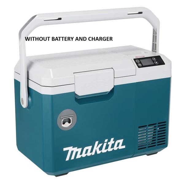 •	WITHOUT BATTERY AND CHARGER•	Powered by 4 sources: 40Vmax XGT Li-Ion battery, 18V LXT Li-Ion battery (two in parallel or one), 12V/24V DC (cigar socket), AC• Any one of XGT/LXT batteries can be installed• When multiple power sources are connected, power will be taken in the following order: AC adaptor or Cigar socket, then Batteries•	Compressor type cooling system provides excellent cooling capacity•	Cooling capacity: -18 to 10°C, with 7 inside temperature settings (-18 / -15 / -10 / -5 / 0 / 5 / 10°C)•	Warming capacity: 7 inside temperature settings (30 / 35 / 40 / 45 / 50 / 55 / 60°C)•	Compact design, 7L capacity• Able to store six 500mL plastic bottles vertically (up to 220mm in height)• Compact size of this box can be placed on the seats or foot space in passenger seat of cars• Convenient size for one to several people•	IPX4 water resistance when powered by battery•	Long run time; 13.5 / 5.5 hours in cooling at 5 / -18°C, 5.5 hours in warming at 60°C with BL4040 battery•	U-shaped carry handleBy attaching optional Shoulder belt, you can also hang this box on your shoulder•	Battery box equipped with a lid for protection of battery against water•	USB output port for charging electric equipments (e.g. cellphones); Type A for DC5V/ 2.4A•	LED display for clear display of inside temperature and battery fuel gauge•	Bottle opener; Conveniently located for opening glass bottlesTechnical SpecificationCapacity: 7 L (1.8 gal).Cooling capacity: -18 / -15 / -10 / -5 / 0 / 5 / 10°C (0 / 5 / 15 / 25 / 30 / 40 / 50°F)Heating capacity : 30 / 35 / 40 / 45 / 50 / 55 / 60°C (85 / 95 / 105 / 115 / 120 / 130 / 140°F)Cord Length : AC Adapter / Cigar Socket Cable: 2 / 2.5 m (6.5 / 8.2 ft)Dimensions (L x W x H) : 456 x 245 x 308 mm (18 x 9-5/8 x 12-1/8″)Net weight : 7.9 – 9.4 kg (17.4 – 20.7 lbs.)Standard Accessories:Shoulder Belt, AC Adaptor, Cigar Socket Cable.WITHOUT BATTERY AND CHARGER