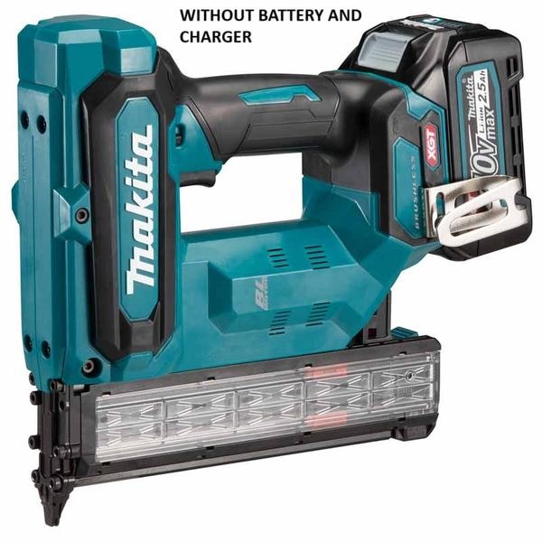 Description•	  WITHOUT BATTERY AND CHARGER•	40Vmax XGT BL Cordless 18 Ga 40 mm (1-5/8″) Brad Nailer•	Compact design for high maneuverability•	High power to drive brad nails up to 40 mm; 35 mm into hard materials such as red oak•	Drives 6 different lengths of 18 gauge pin nails (15 mm (5/8″), 20 mm (3/4″), 25 mm (1″), 30 mm (1-3/16″), 35 mm (1-3/8″) and 40 mm (1-5/8″)); magazine capacity up to 100 nails•	Quick firing thanks to BL motor•	BL motor quickly re-compresses the spring for next firing•	Slim nose enables to drive nails securely into groove of narrow baseboard like 4 mm•	Contact arm mechanism enables “continuous nailing” and “drag nailing”•	Anti-dry fire mechanism engineered to minimize driving blanks and damage to work surface•	Toolless depth adjustment for precise flush and countersink finish•	Built-in LED light illuminates the work area•	Well-balanced design for reduced operator fatigue•	Ergonomically designed handle with soft grip provides increased comfort•	Spring-loaded driving mechanism allows for a compact tool with light weight•	Trigger-lock button minimizes accidental start up•	Battery protection circuit protects against overloading, over-discharging and over-heating•	Durable, reversible belt clip convenient for temporary tool hangingTechnical SpecificationCapacity : Gauge: 18 GaCapacity : Length: 15, 20, 25, 30, 35, 40 mm (5/8, 3/4, 1, 1-3/16, 1-3/8, 1-5/8″)Magazine Capacity :100Vibration Level :2.5 m/s² or lessVibration K Factor :1.5 m/s²Sound Pressure Level :81 dB(A)Sound Power Level :92 dB(A)Noise K Factor :3 dB(A)Dimensions (L x W x H) :w/ BL4020 / BL4025: 265 x 86 x 243 mm (10-3/8 x 3-3/8 x 9-9/16″)Dimensions (L x W x H) :w/ BL4050F: 291 x 86 x 263 mm (11-1/2 x 3-3/8 x 10-3/8″)Dimensions (L x W x H) : w/o Battery: 234 x 86 x 243 mm (9-1/4 x 3-3/8 x 9-9/16″)Net weight :2.6 – 3.2 kg (5.7 – 7.1 lbs.)Standard Accessories:Safety Goggles, Nose Adapter, Hex Wrench, Belt ClipWITHOUT BATTERY AND CHARGER