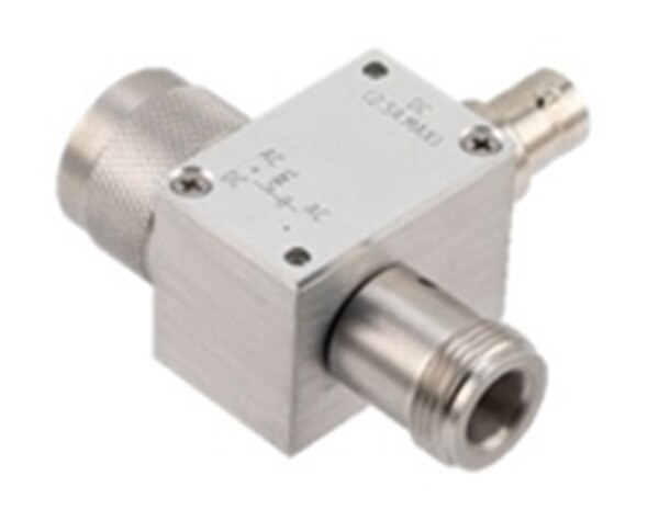 10 MHz to 3 GHz, Type N 75 Ohm Bias Tee, Rated 2.5 Amps and 100 Volts, DC BNC Connector