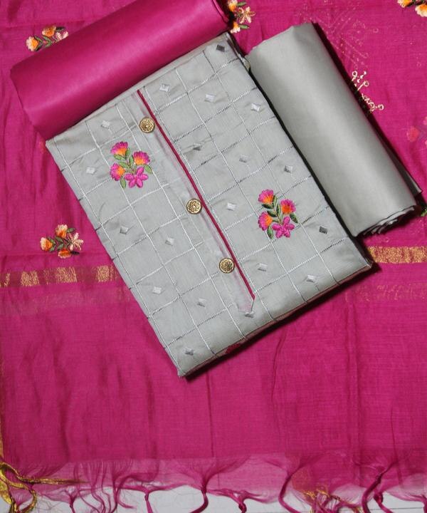 Add a touch of subtle elegance to your wardrobe with this Grey and Pink Color Embroidered Work Dress Material. The soft grey base is beautifully enhanced by delicate pink embroidery, creating a perfect blend of modern style and traditional charm.Crafted from high-quality fabric, this unstitched dress material includes a gracefully embroidered grey top, paired with a matching or contrasting bottom and a coordinating dupatta. The gentle pink embroidery work on the neckline and sleeves adds feminine finesse, making it suitable for casual outings, festive occasions, and semi-formal events.📦 Product Details:Top Fabric: Grey (Cotton / Georgette / Chanderi with embroidery)Bottom Fabric: Pink or grey (Cotton / Santoon / Silk blend)Dupatta: Coordinated pink-grey printed or embroidered fabricWork: Thread Work / Resham Embroidery / Zari HighlightsType: Unstitched Dress MaterialOccasion: Ethnic casual, festive events, office wear, or family gatherings🌟 Why Choose This Dress Material?Soft, breathable fabric with detailed embroideryElegant and versatile color combination for multiple occasionsCan be stitched into salwar suits, kurtis, or churidars as per your styleA perfect gift option for loved ones